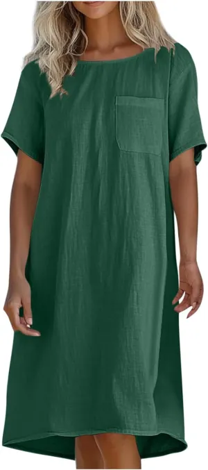 hlysgo Summer Dresses for Women 2025 Casual Loose Comfy Short Sleeve Crew Neck Mini Dress Teen Girls Knee Length Beach Dress