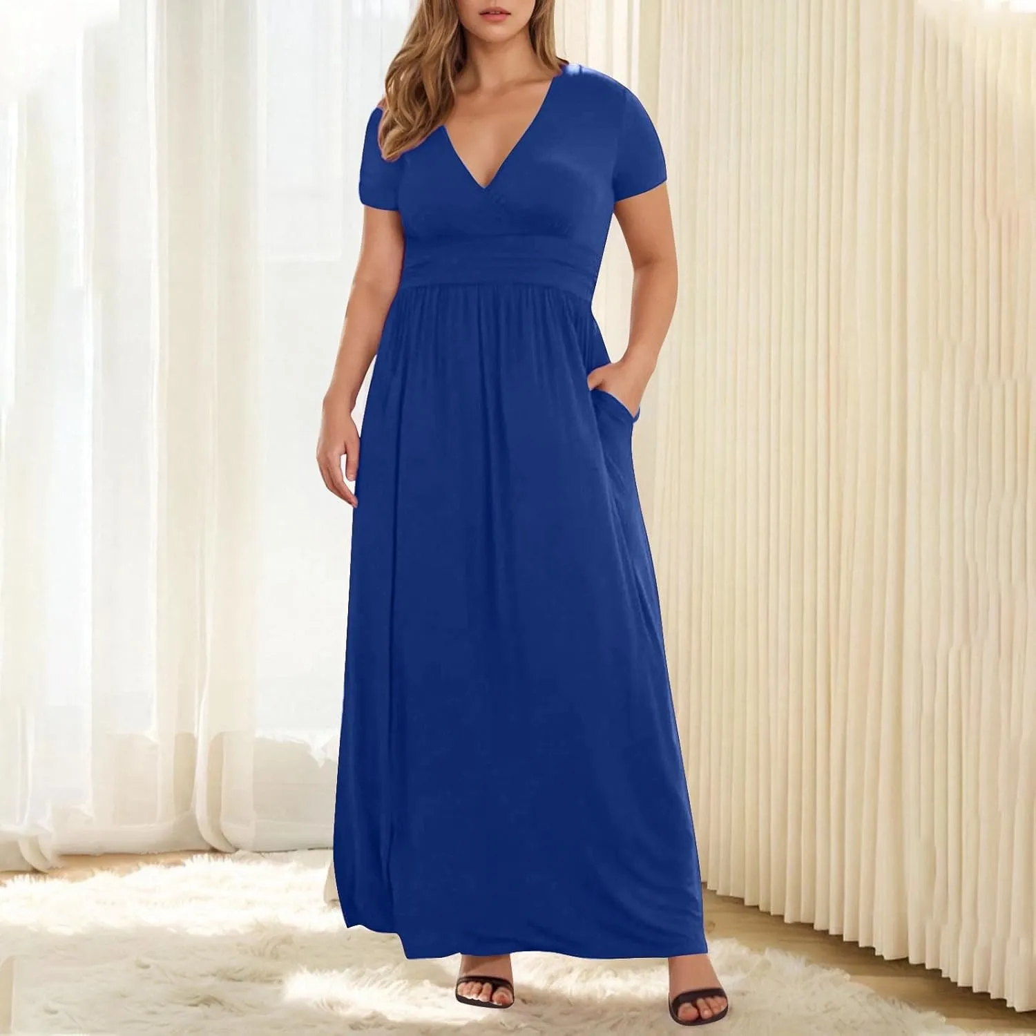 JOAU Women's Plus Size Summer Short Sleeve Maxi Dress 2025 Casual Wrap V Neck A Line Flowy Beach Long Dresses with Pockets