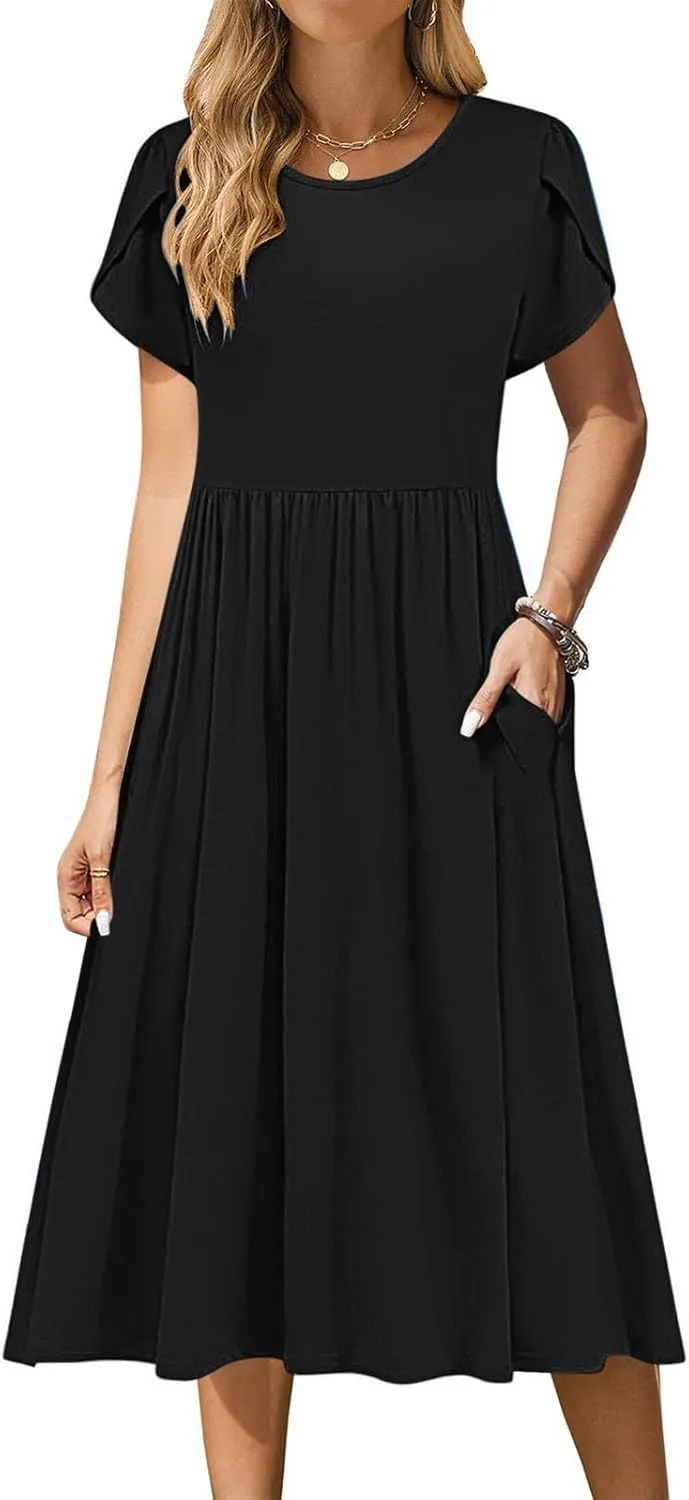 JOAU Women's Summer Boho Petal Sleeve Midi Dresses 2025 Casual Round Neck Flowy Pleated Beach Vacation Dress with Pockets