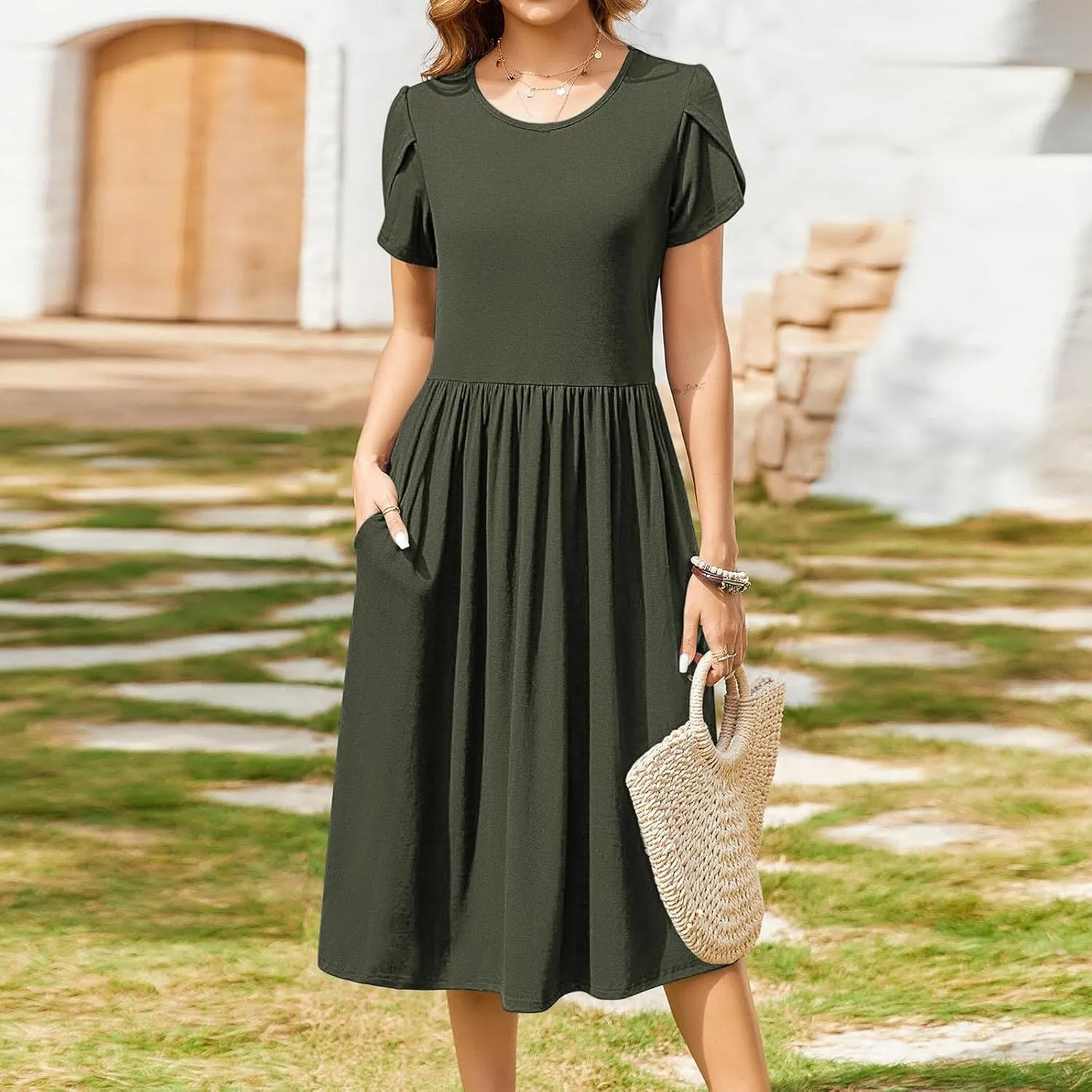 JOAU Women's Summer Boho Petal Sleeve Midi Dresses 2025 Casual Round Neck Flowy Pleated Beach Vacation Dress with Pockets