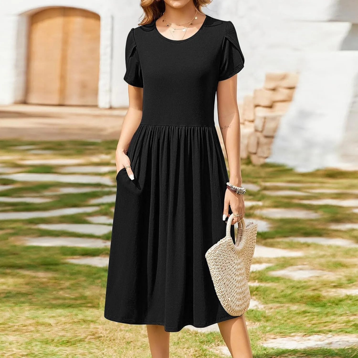 JOAU Women's Summer Boho Petal Sleeve Midi Dresses 2025 Casual Round Neck Flowy Pleated Beach Vacation Dress with Pockets
