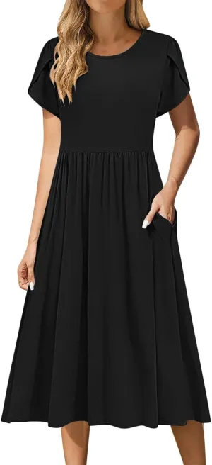 JOAU Women's Summer Boho Petal Sleeve Midi Dresses 2025 Casual Round Neck Flowy Pleated Beach Vacation Dress with Pockets