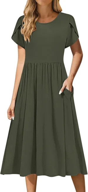 JOAU Women's Summer Boho Petal Sleeve Midi Dresses 2025 Casual Round Neck Flowy Pleated Beach Vacation Dress with Pockets