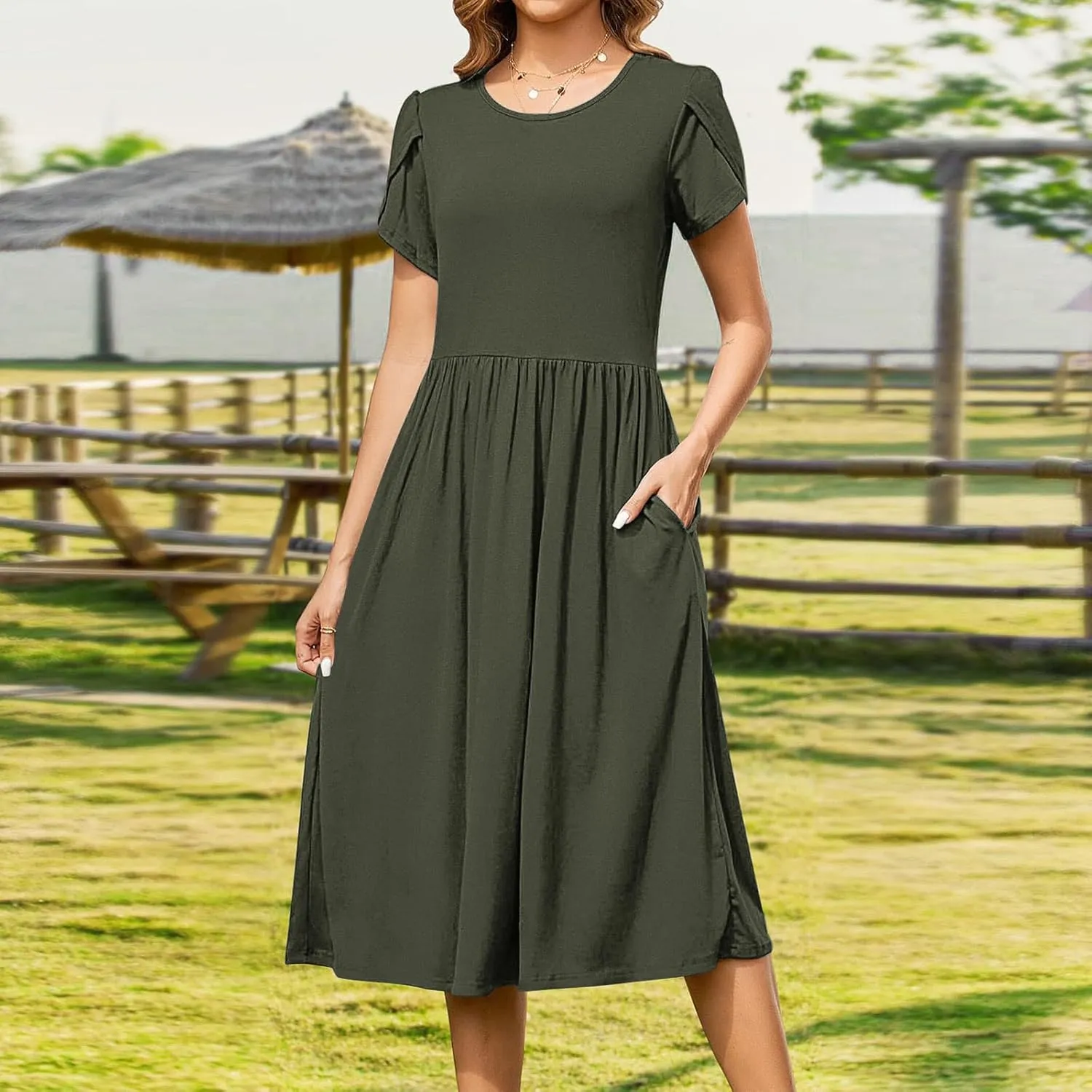 JOAU Women's Summer Boho Petal Sleeve Midi Dresses 2025 Casual Round Neck Flowy Pleated Beach Vacation Dress with Pockets