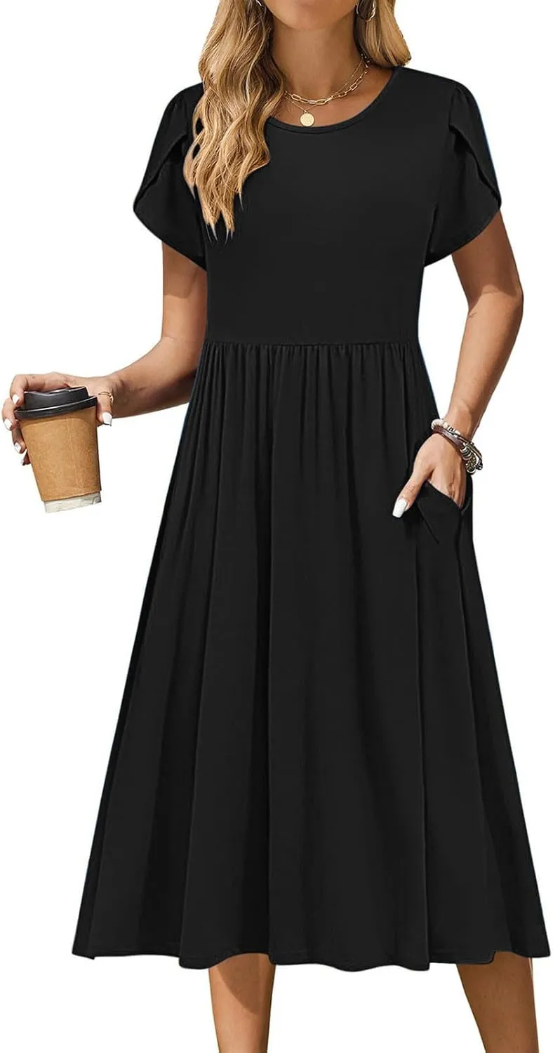 JOAU Women's Summer Boho Petal Sleeve Midi Dresses 2025 Casual Round Neck Flowy Pleated Beach Vacation Dress with Pockets