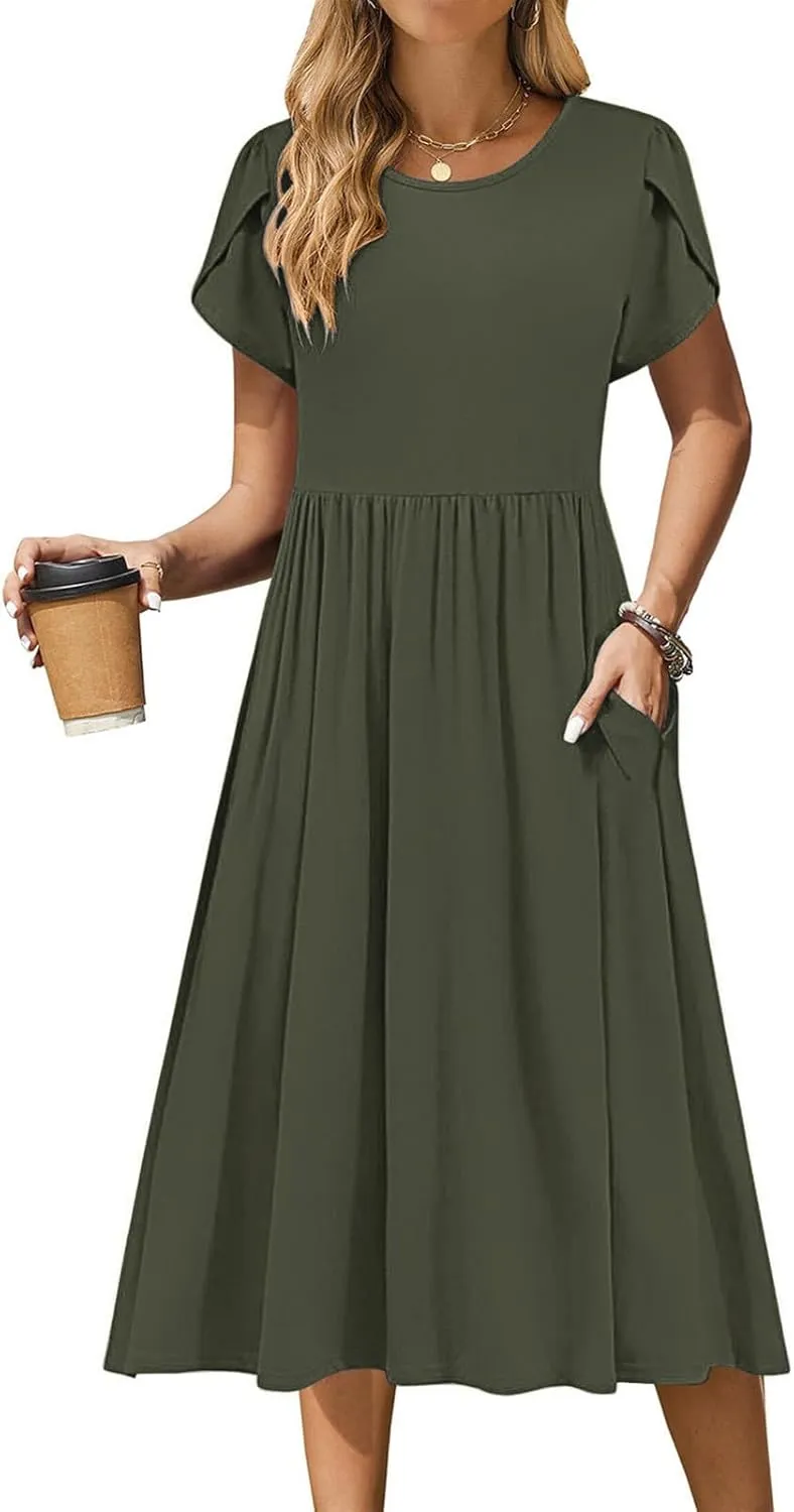 JOAU Women's Summer Boho Petal Sleeve Midi Dresses 2025 Casual Round Neck Flowy Pleated Beach Vacation Dress with Pockets