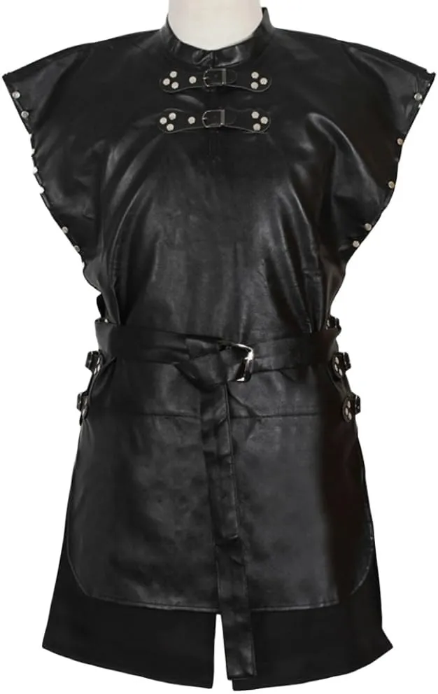 Jon Snow Costume Adult Men Medieval Battle Black PU Outfit with Cloak, Standard