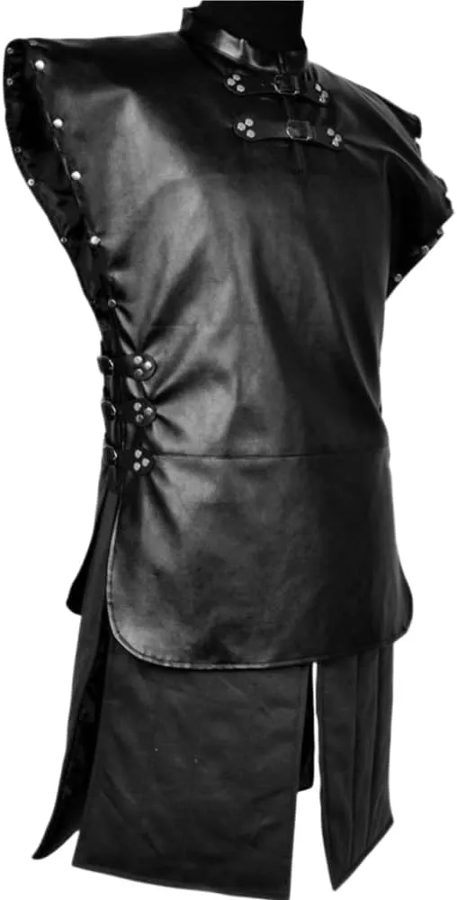 Jon Snow Costume Adult Men Medieval Battle Black PU Outfit with Cloak, Standard