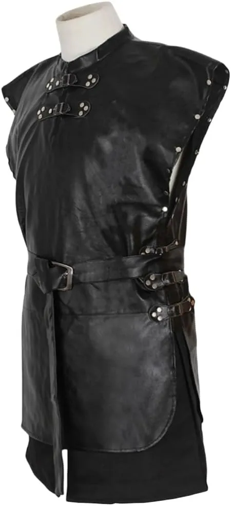 Jon Snow Costume Adult Men Medieval Battle Black PU Outfit with Cloak, Standard