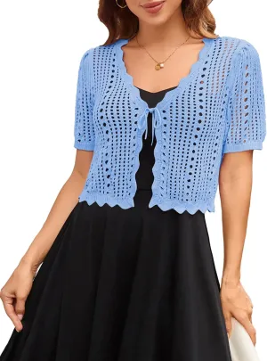 Kate Kasin Women Crochet Shrug Sweater Tie Front Knit Bolero Shrug for Dress Short Sleeve Cropped Cardigan