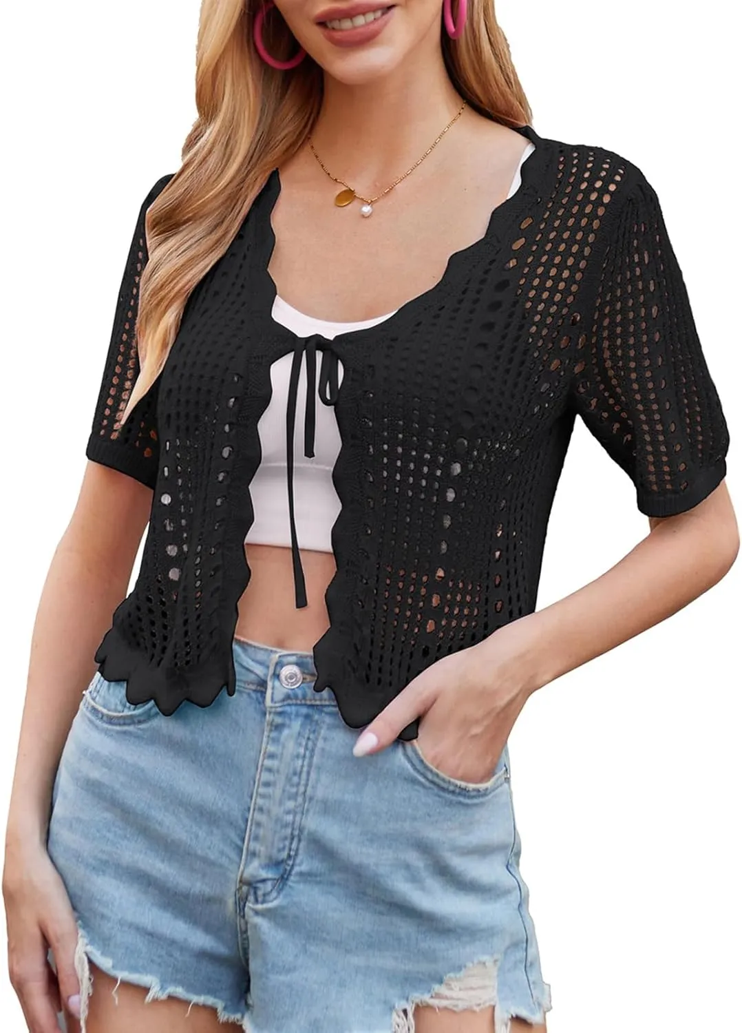 Kate Kasin Women Crochet Shrug Sweater Tie Front Knit Bolero Shrug for Dress Short Sleeve Cropped Cardigan