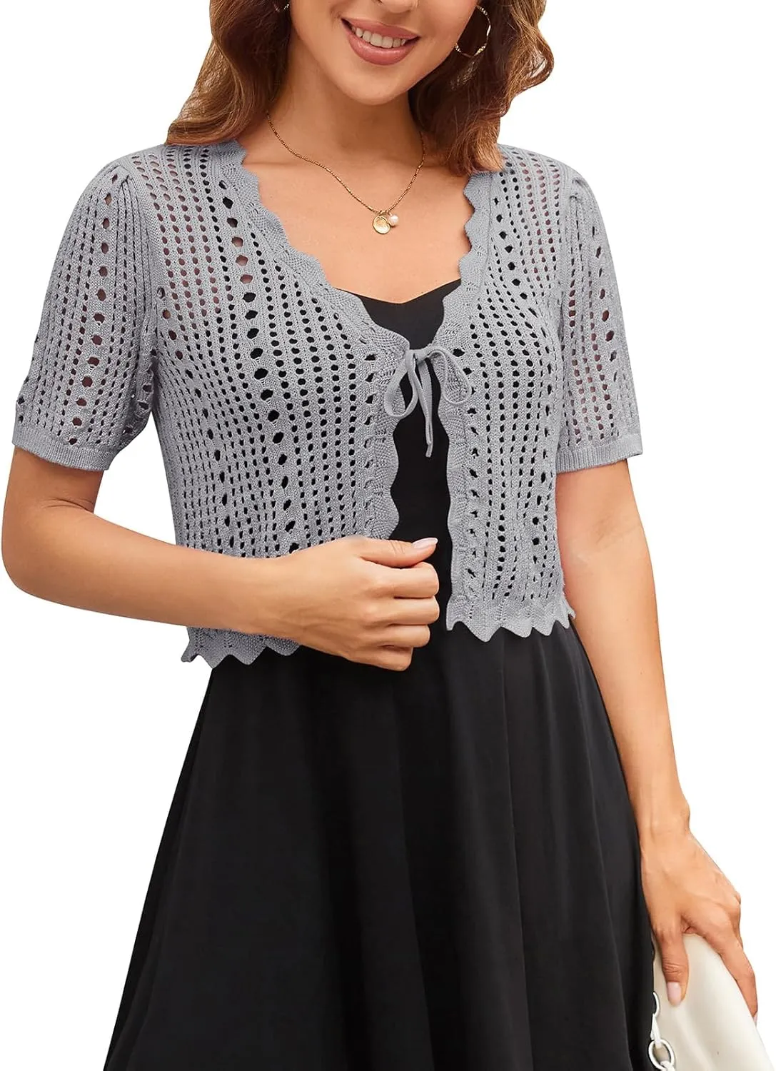 Kate Kasin Women Crochet Shrug Sweater Tie Front Knit Bolero Shrug for Dress Short Sleeve Cropped Cardigan