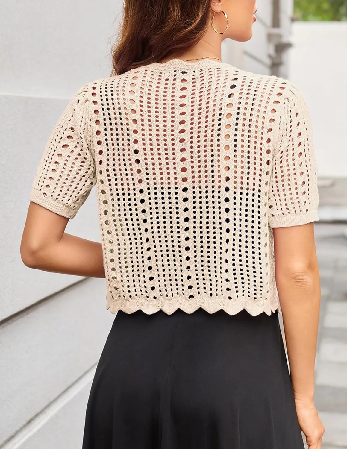 Kate Kasin Women Crochet Shrug Sweater Tie Front Knit Bolero Shrug for Dress Short Sleeve Cropped Cardigan