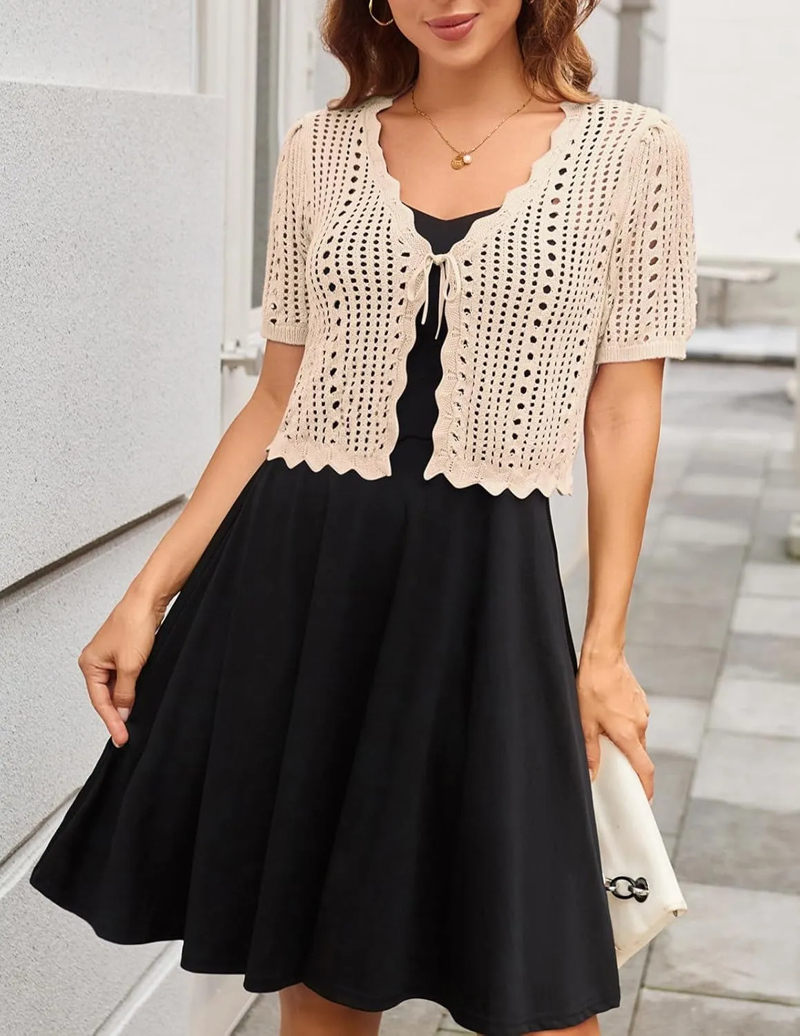 Kate Kasin Women Crochet Shrug Sweater Tie Front Knit Bolero Shrug for Dress Short Sleeve Cropped Cardigan