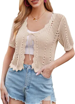 Kate Kasin Women Crochet Shrug Sweater Tie Front Knit Bolero Shrug for Dress Short Sleeve Cropped Cardigan