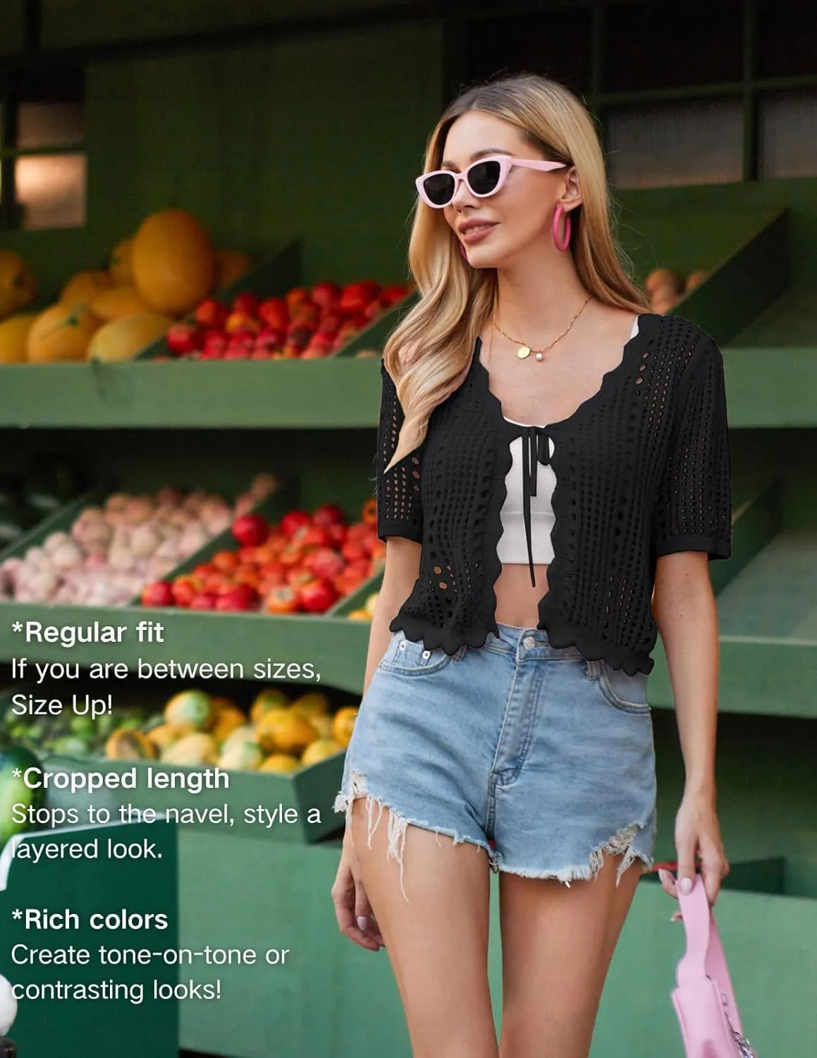Kate Kasin Women Crochet Shrug Sweater Tie Front Knit Bolero Shrug for Dress Short Sleeve Cropped Cardigan