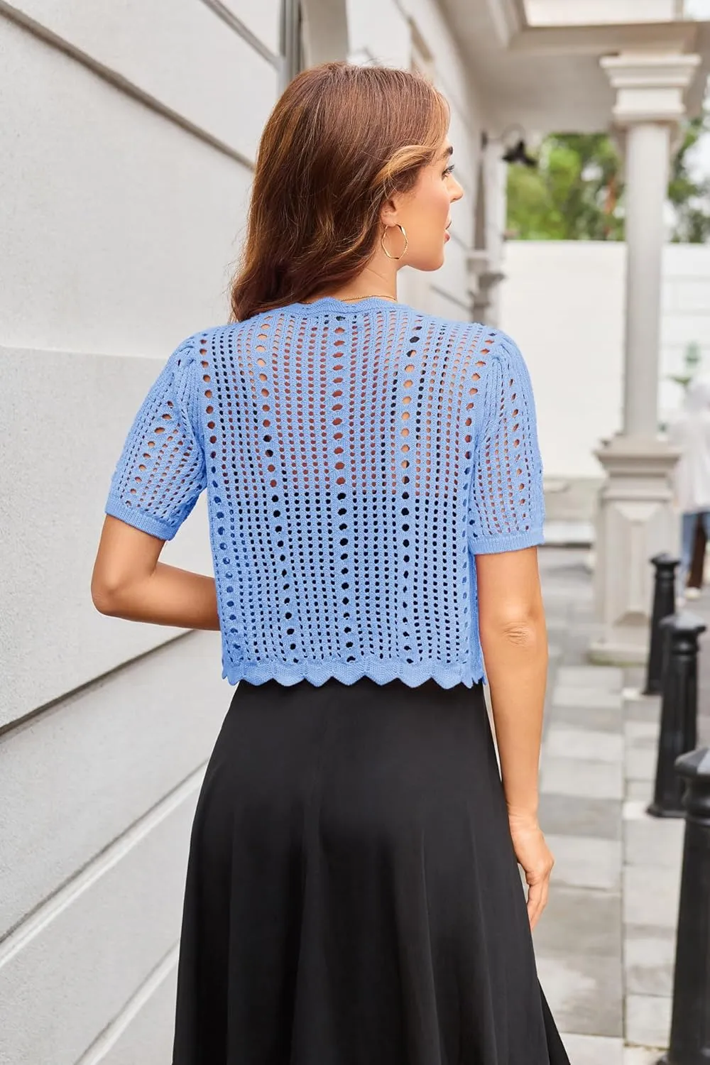 Kate Kasin Women Crochet Shrug Sweater Tie Front Knit Bolero Shrug for Dress Short Sleeve Cropped Cardigan