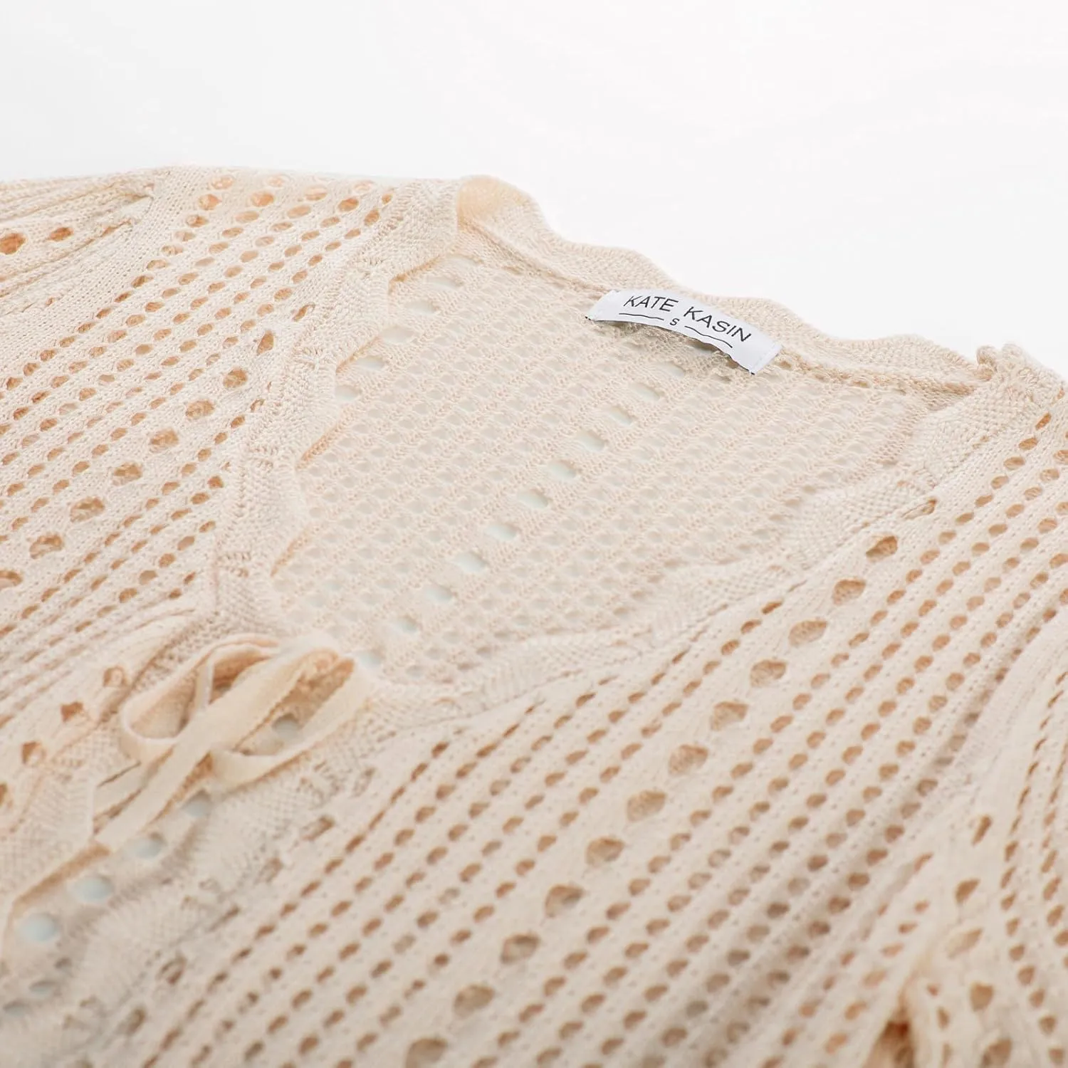 Kate Kasin Women Crochet Shrug Sweater Tie Front Knit Bolero Shrug for Dress Short Sleeve Cropped Cardigan