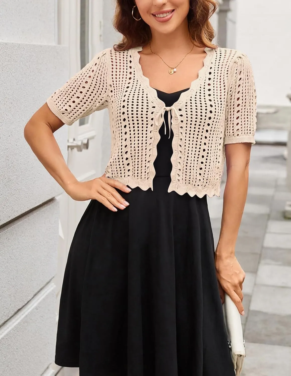 Kate Kasin Women Crochet Shrug Sweater Tie Front Knit Bolero Shrug for Dress Short Sleeve Cropped Cardigan