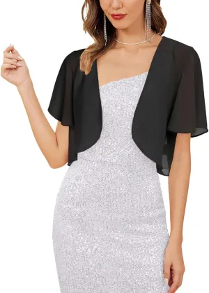 Kate Kasin Women Shrug Sheer Ruffle Short Sleeve Cropped Chiffon Bolero for Dress