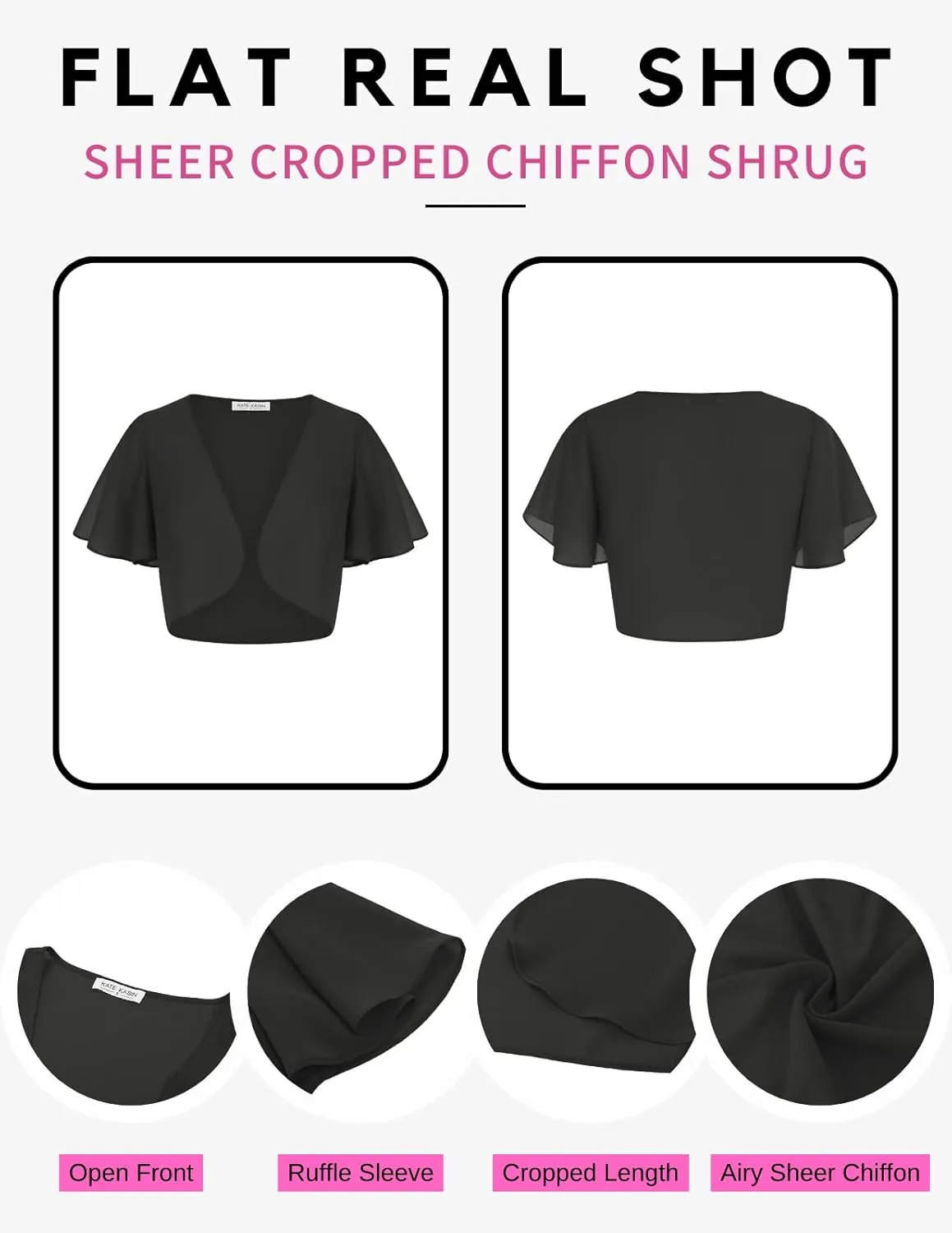 Kate Kasin Women Shrug Sheer Ruffle Short Sleeve Cropped Chiffon Bolero for Dress