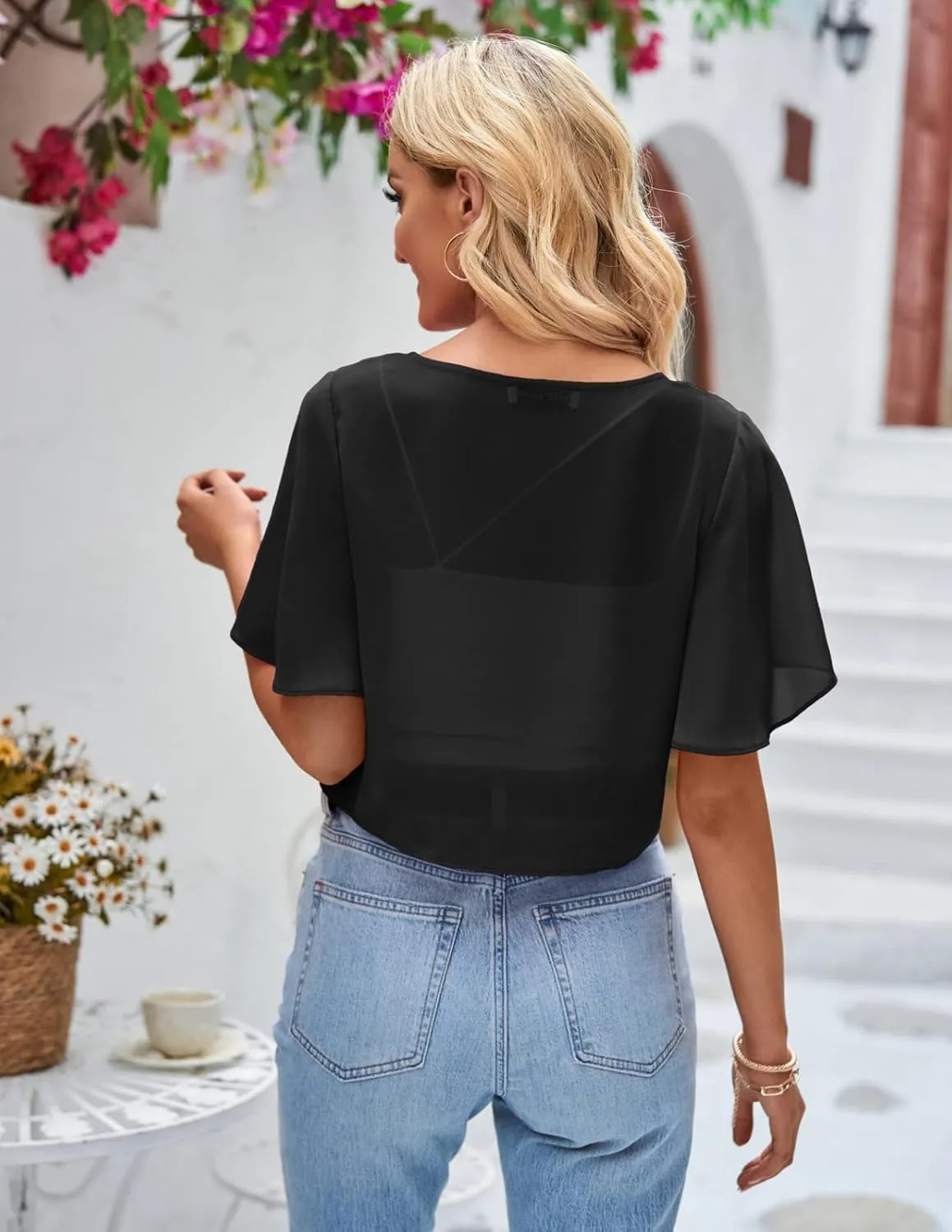 Kate Kasin Women Shrug Sheer Ruffle Short Sleeve Cropped Chiffon Bolero for Dress