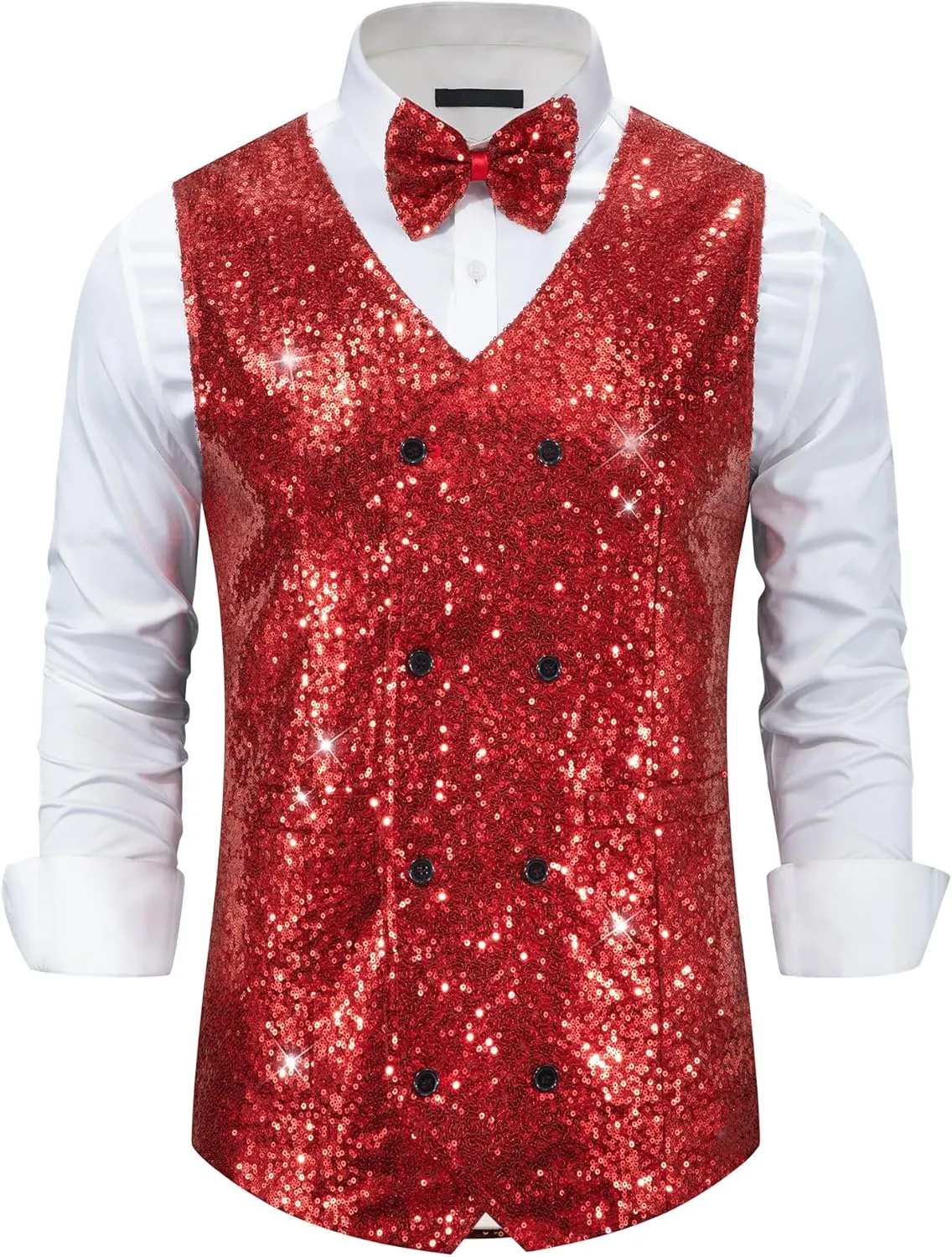 Lars Amadeus Sequin Vest for Men's Double-Breasted Party Disco Nightclub Sleeveless Sparkly Suit Waistcoat