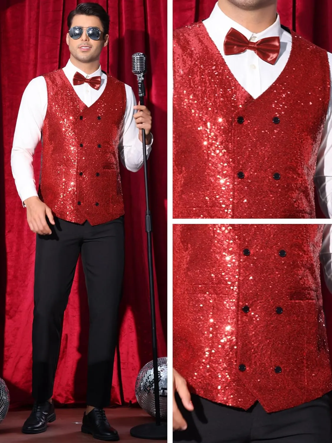 Lars Amadeus Sequin Vest for Men's Double-Breasted Party Disco Nightclub Sleeveless Sparkly Suit Waistcoat