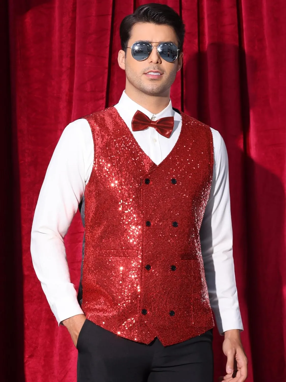 Lars Amadeus Sequin Vest for Men's Double-Breasted Party Disco Nightclub Sleeveless Sparkly Suit Waistcoat