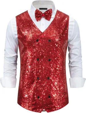 Lars Amadeus Sequin Vest for Men's Double-Breasted Party Disco Nightclub Sleeveless Sparkly Suit Waistcoat