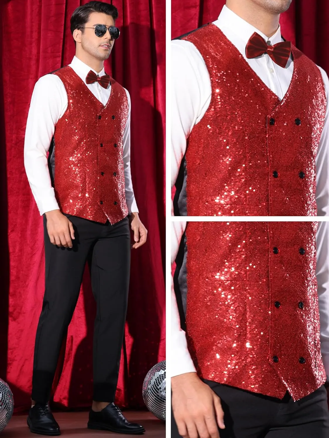 Lars Amadeus Sequin Vest for Men's Double-Breasted Party Disco Nightclub Sleeveless Sparkly Suit Waistcoat