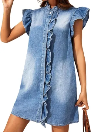 LifeShe Denim Dress for Women Button Down Shirt Dress Ruffle Sleeve Casual Blue Jean Short Mini Dresses for Summer