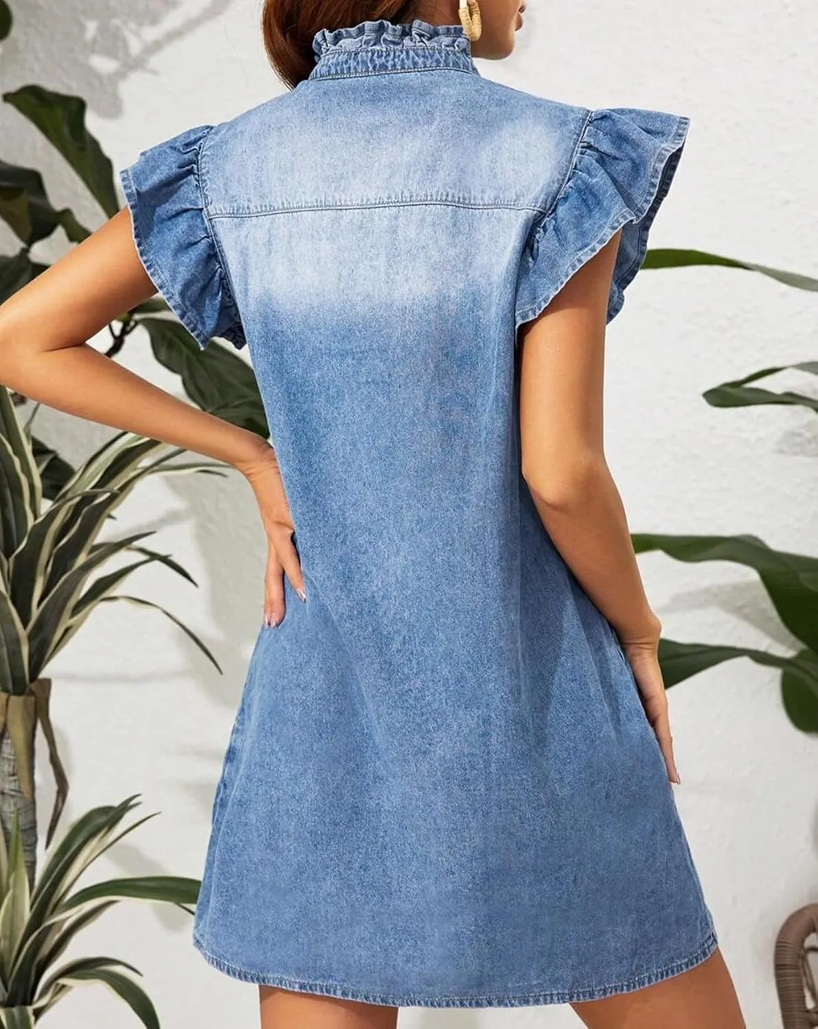LifeShe Denim Dress for Women Button Down Shirt Dress Ruffle Sleeve Casual Blue Jean Short Mini Dresses for Summer