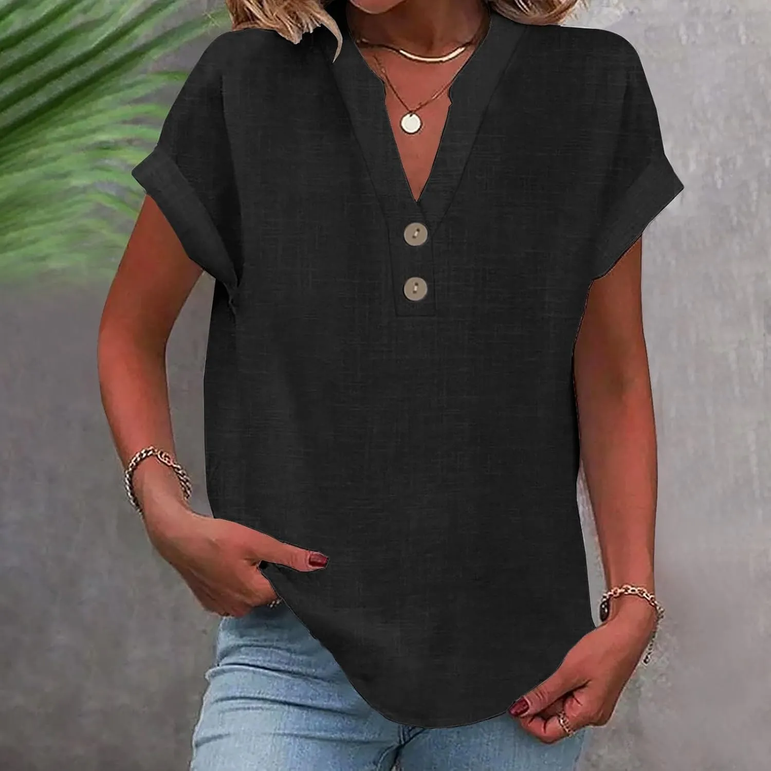Linen Shirts for Women Summmer Short Sleeve Casual Tops Henley Vcation Beach Lounge Button Lightweight Tunic Blouse