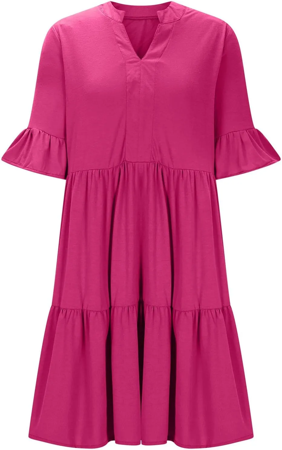 Lmdudan Dresses for Women Summer V Neck Ruffle Sleeve A Line Tiered Flowy Dresses Casual Trendy Mini Beach Dress with Pockets