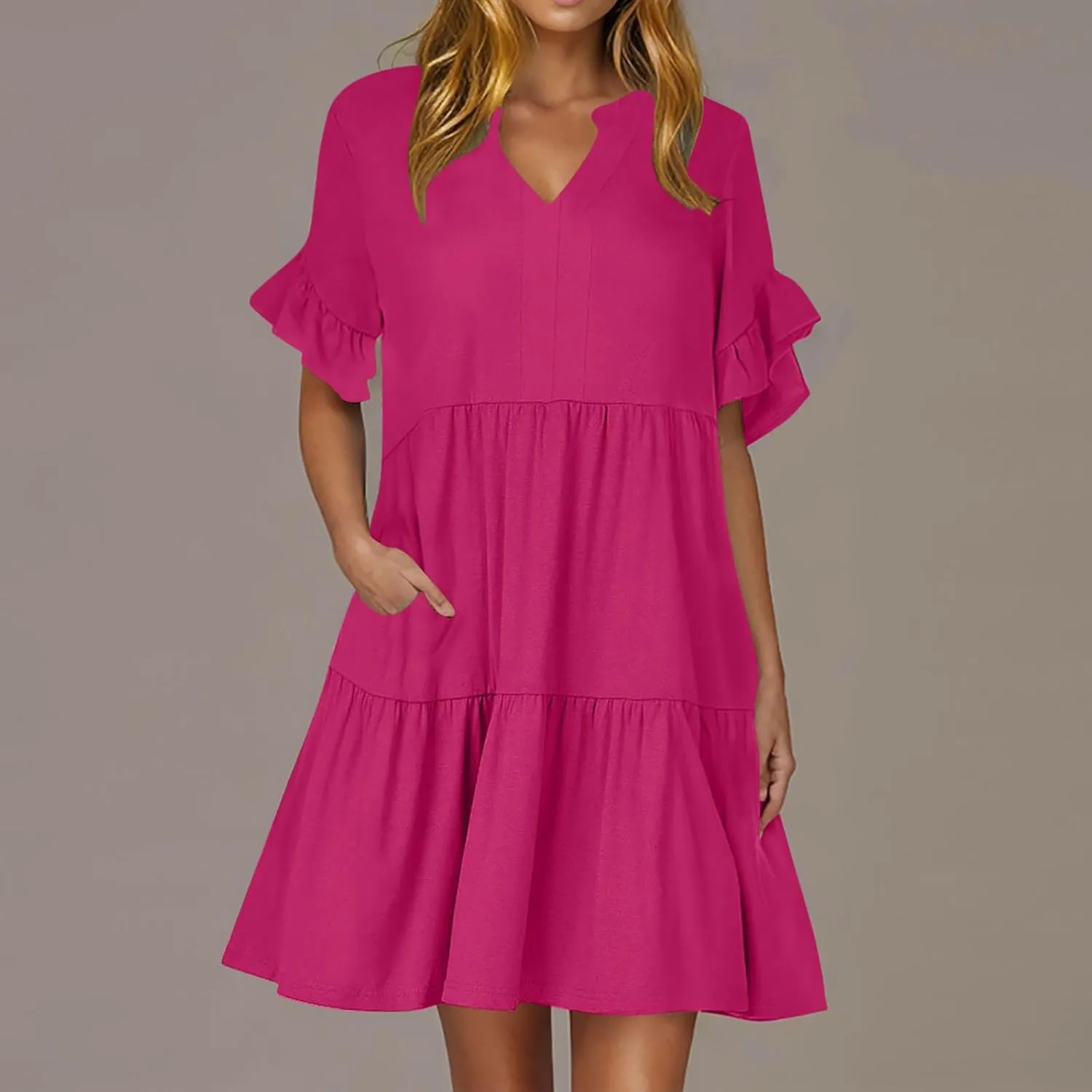 Lmdudan Dresses for Women Summer V Neck Ruffle Sleeve A Line Tiered Flowy Dresses Casual Trendy Mini Beach Dress with Pockets