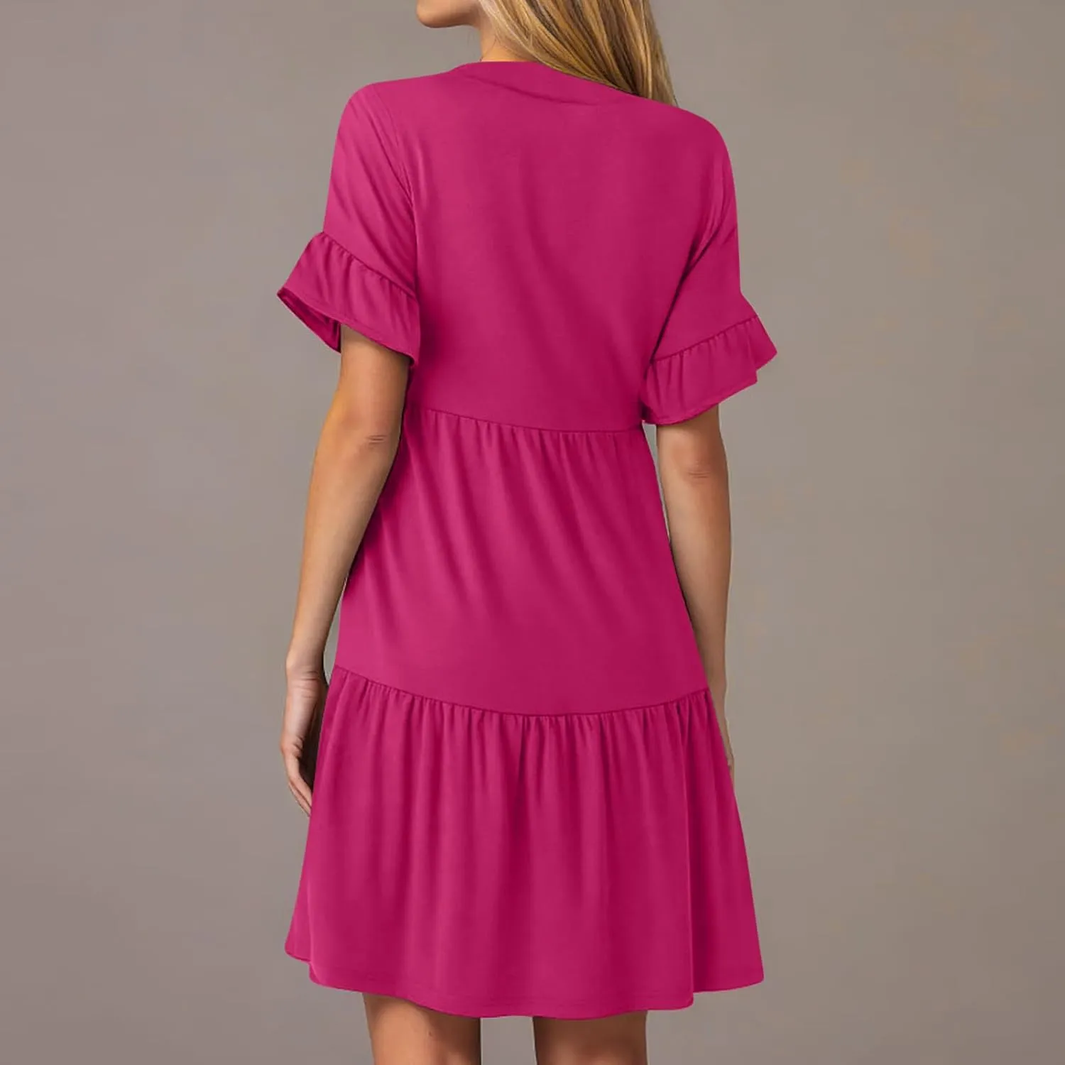 Lmdudan Dresses for Women Summer V Neck Ruffle Sleeve A Line Tiered Flowy Dresses Casual Trendy Mini Beach Dress with Pockets