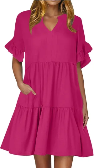 Lmdudan Dresses for Women Summer V Neck Ruffle Sleeve A Line Tiered Flowy Dresses Casual Trendy Mini Beach Dress with Pockets