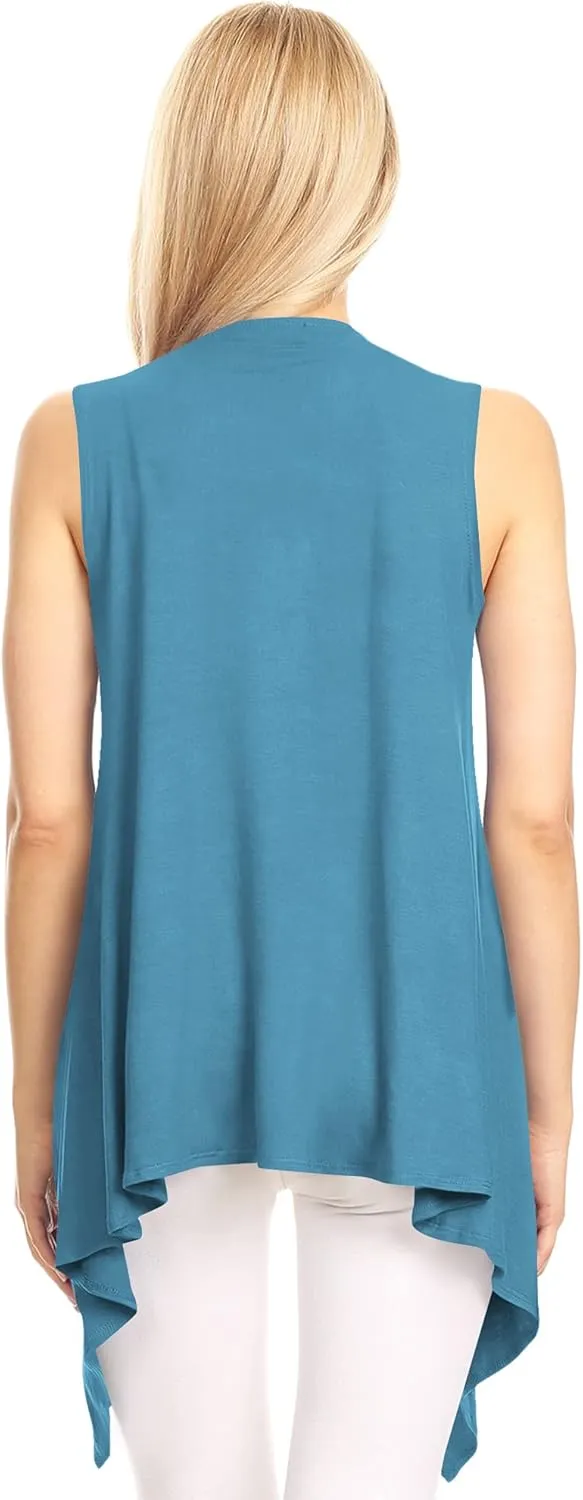 Lock and Love Women's Sleeveless Print/Solid Draped Open Front Cardigan Vest Asymmetric Hem Plus Size