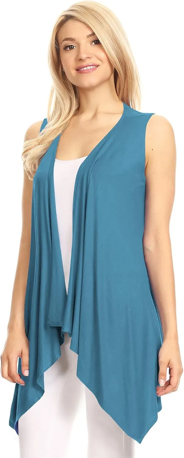 Lock and Love Women's Sleeveless Print/Solid Draped Open Front Cardigan Vest Asymmetric Hem Plus Size