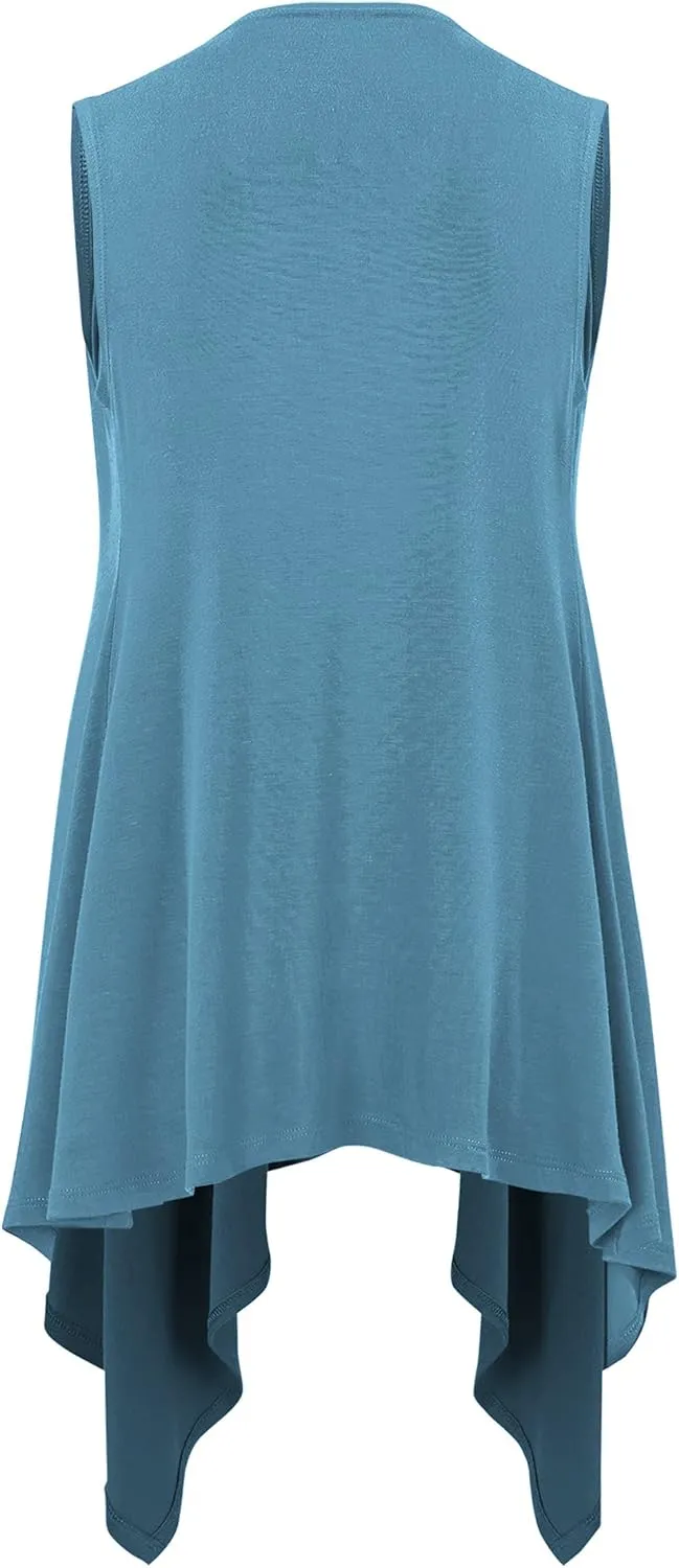 Lock and Love Women's Sleeveless Print/Solid Draped Open Front Cardigan Vest Asymmetric Hem Plus Size