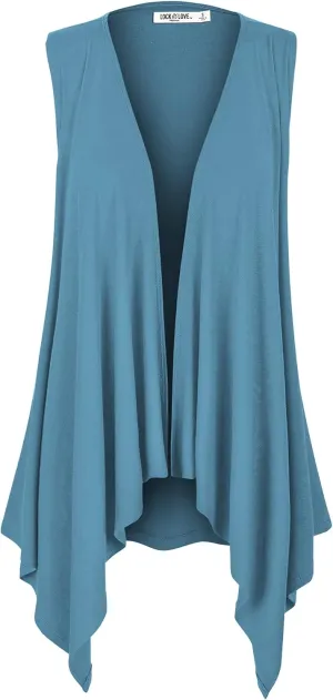 Lock and Love Women's Sleeveless Print/Solid Draped Open Front Cardigan Vest Asymmetric Hem Plus Size