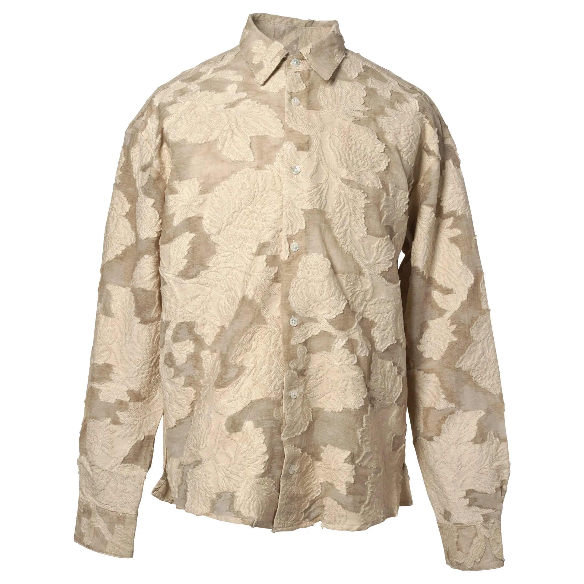 LONG SLEEVE BUTTON UP SHIRT CUT TO A RELAXED FIT / BEIGE FLORAL BURNOUT