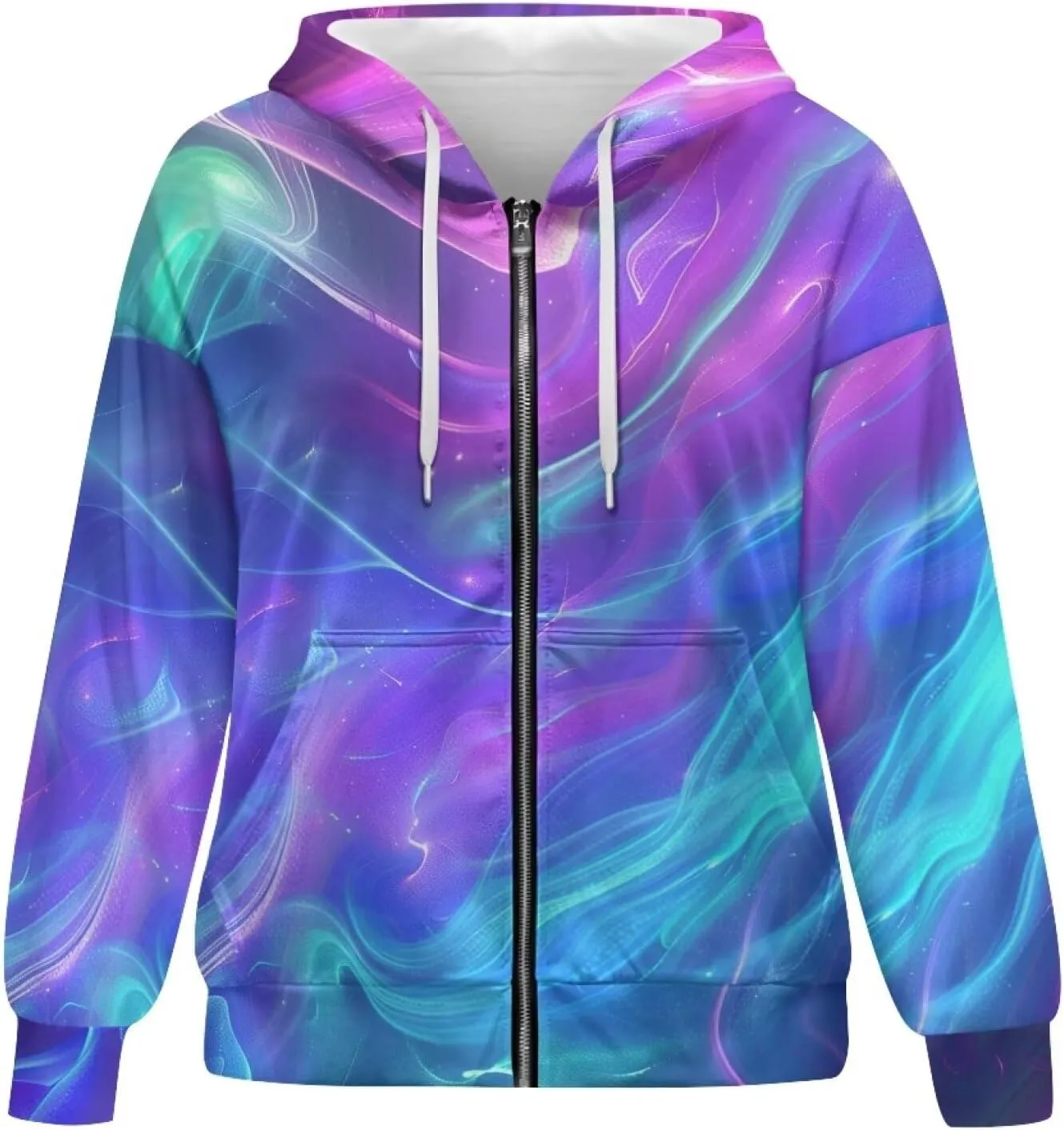 Loose Thin Jacket for Women Long Sleeve Zip Up Hoodies Teen Girls Hooded Sweatshirt Trendy Print Pullover
