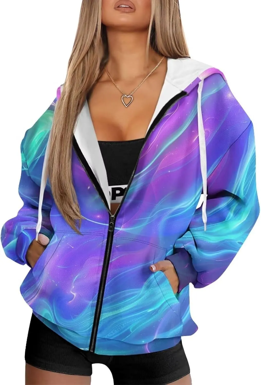 Loose Thin Jacket for Women Long Sleeve Zip Up Hoodies Teen Girls Hooded Sweatshirt Trendy Print Pullover