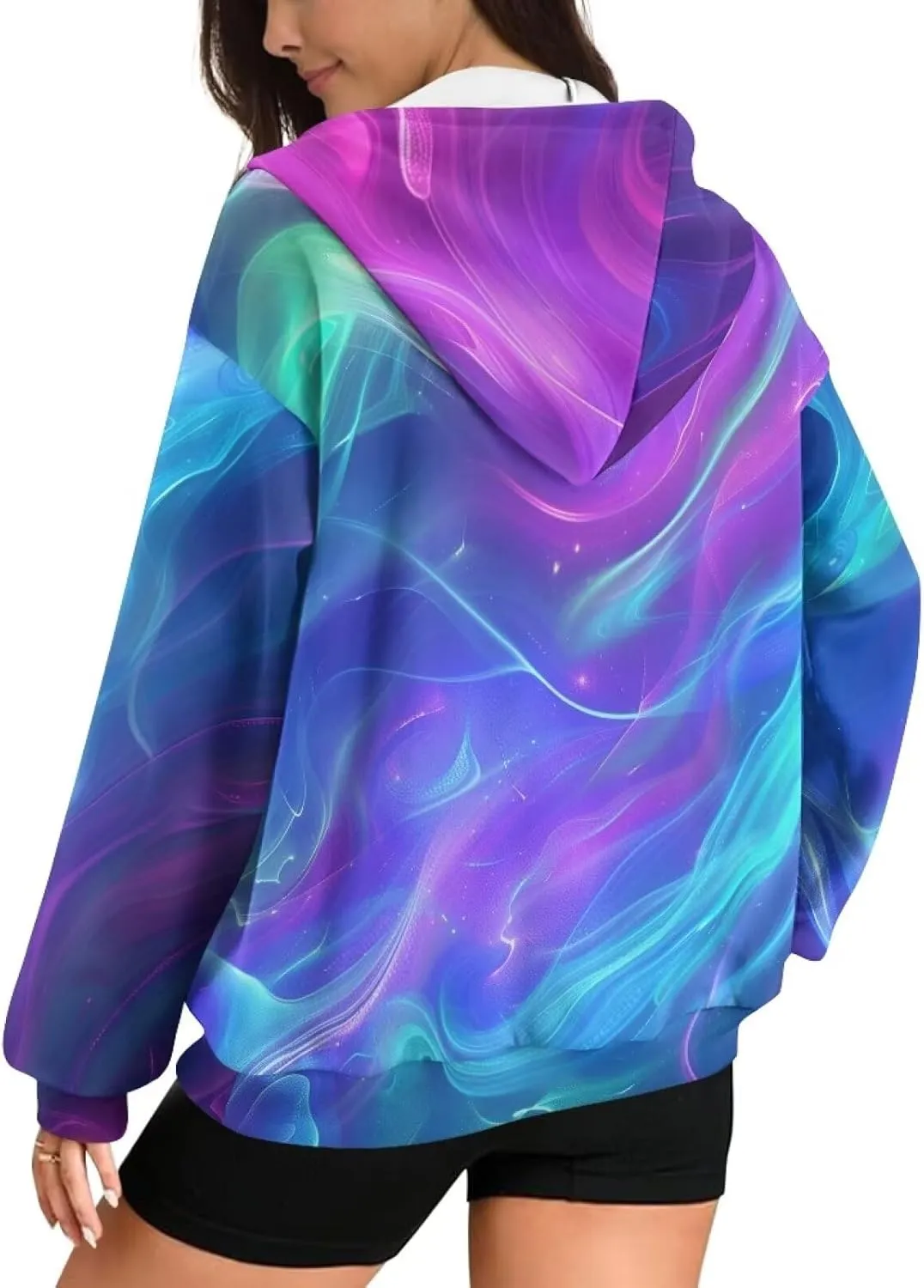 Loose Thin Jacket for Women Long Sleeve Zip Up Hoodies Teen Girls Hooded Sweatshirt Trendy Print Pullover