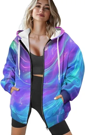 Loose Thin Jacket for Women Long Sleeve Zip Up Hoodies Teen Girls Hooded Sweatshirt Trendy Print Pullover