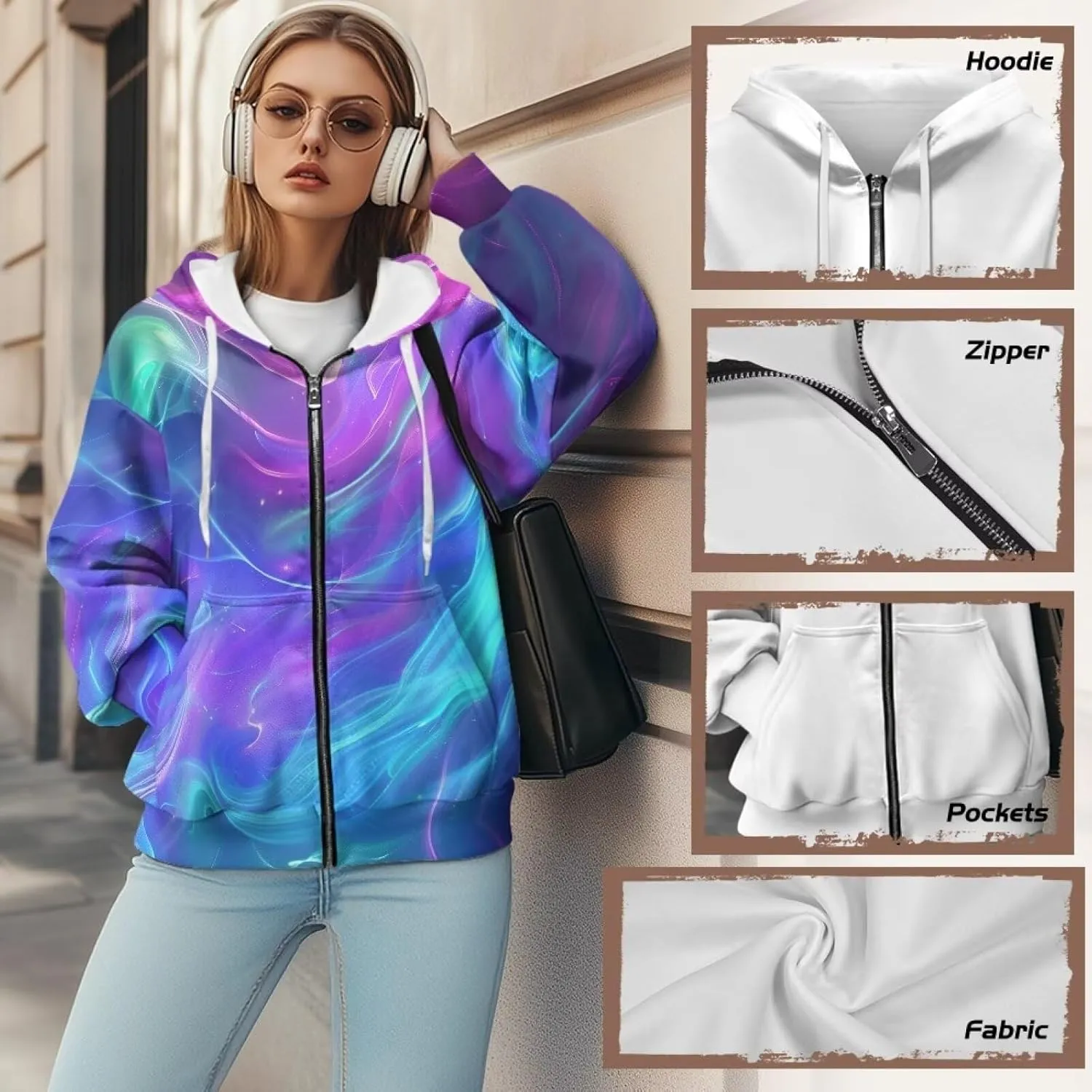 Loose Thin Jacket for Women Long Sleeve Zip Up Hoodies Teen Girls Hooded Sweatshirt Trendy Print Pullover