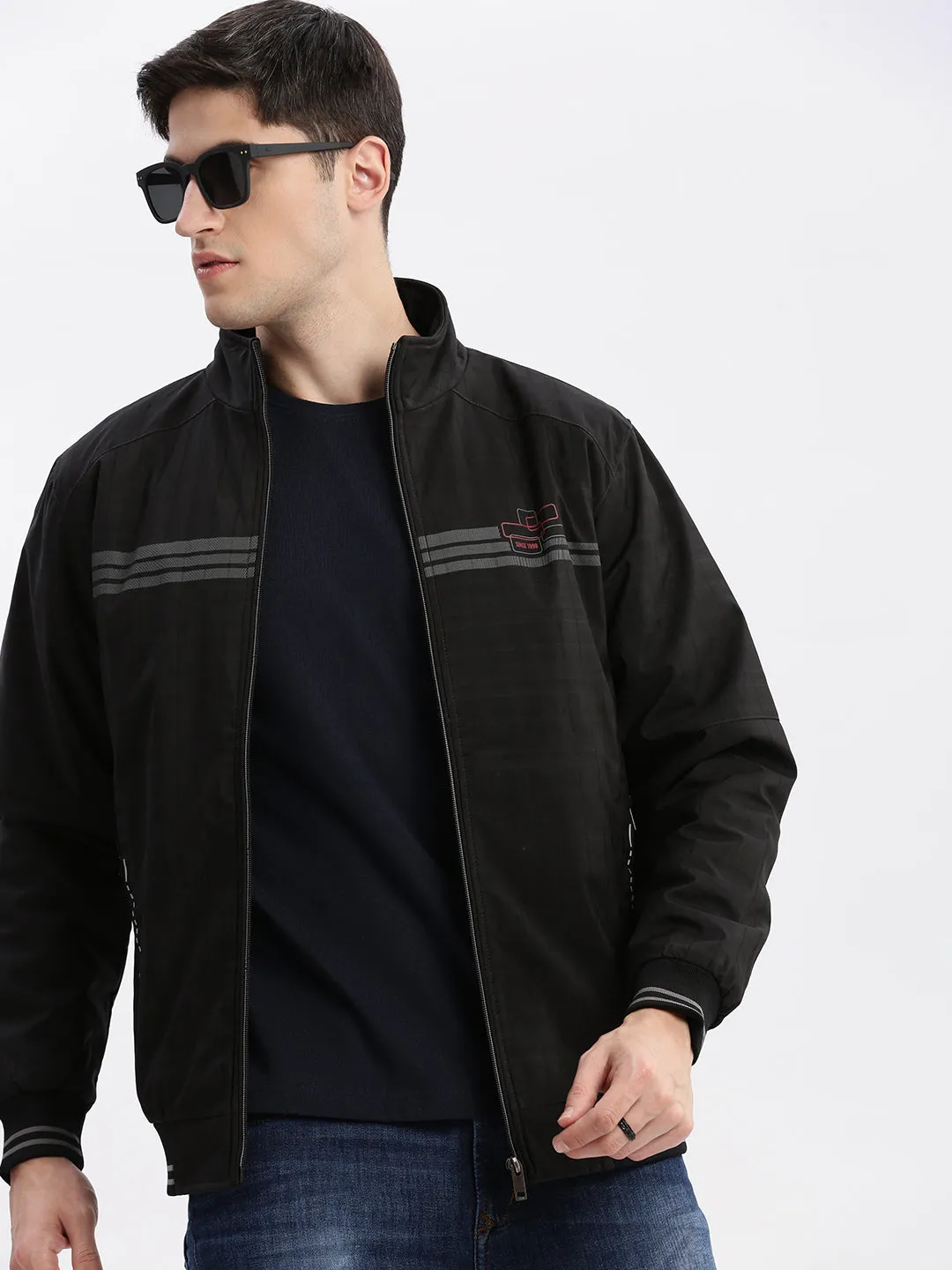 Men Black Geometric Printed Mock Collar Rapid-Dry Technology Windcheater Bomber Jacket