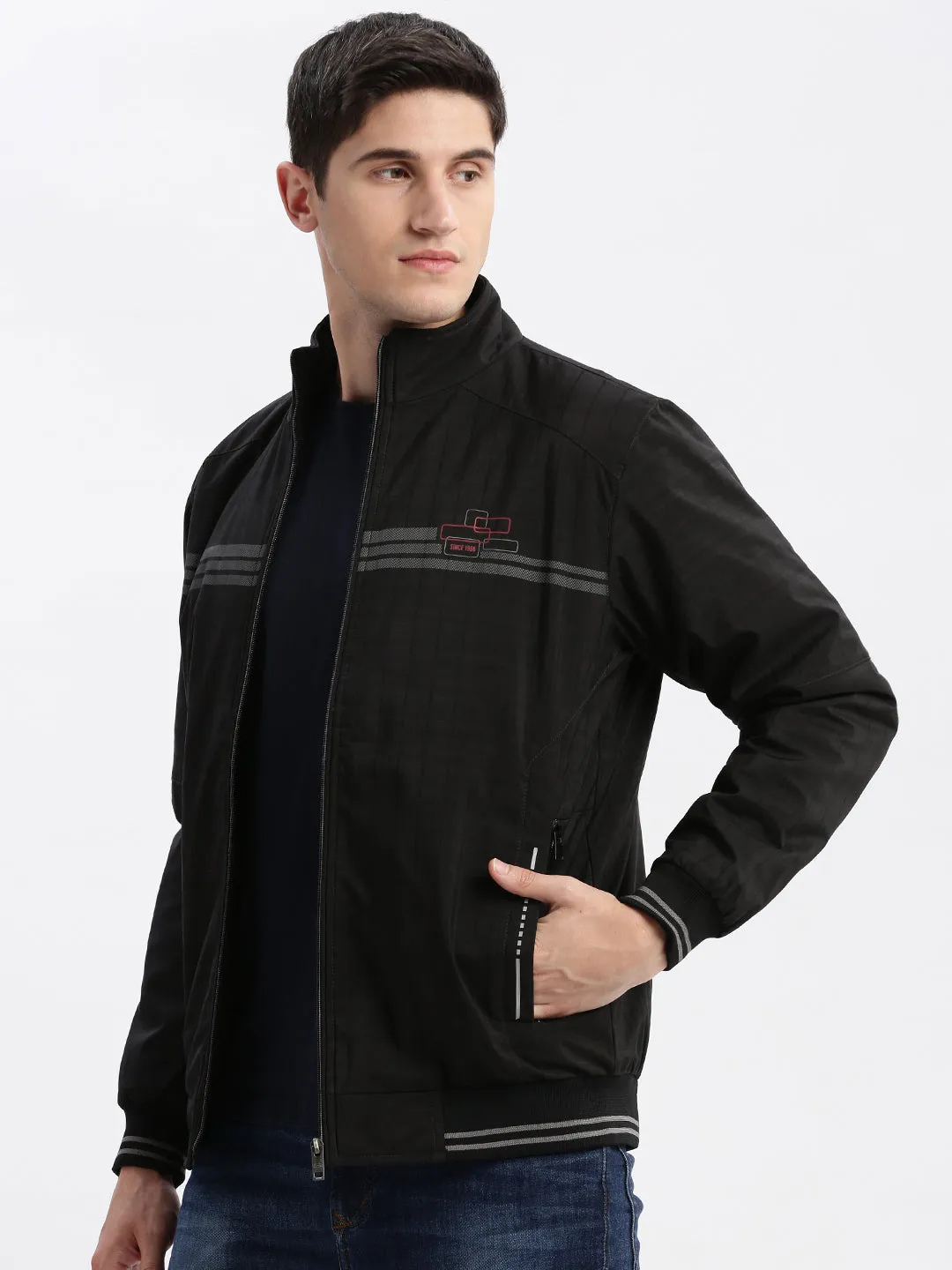 Men Black Geometric Printed Mock Collar Rapid-Dry Technology Windcheater Bomber Jacket